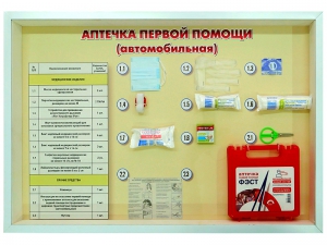 Стенд "Аптечка первой помощи (автомобильная)" (образцы под оргстеклом) - fgospostavki.ru - Ивантеевка